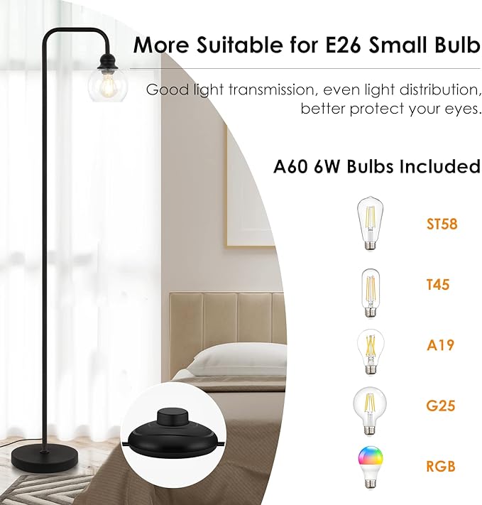 Modern Floor Lamps for Living Room with 6W LED Bulb, Industrial Floor Lamp, Clear Glass, Black Classic Reading Tall Lamp for Home Office, Standing Lamps for Bedroom, Study, Minimalist, Vintage - LeafyLoom