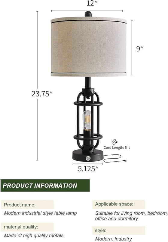 Industrial Black Metal Table Lamps Living Room 23.75'' Lamp for Nightstand Single Bedside End Lamp Home Decor Touch Lamp Modern Lamps with USB Ports - LeafyLoom