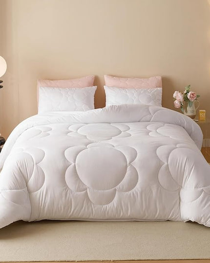 White Flower Comforter King White Sunflower Print Bed King Comforter Set 3 Pieces White Floral Comforter Set for Women Girls Bedroom Decor All Season Hotel Quality Comforter Set - LeafyLoom