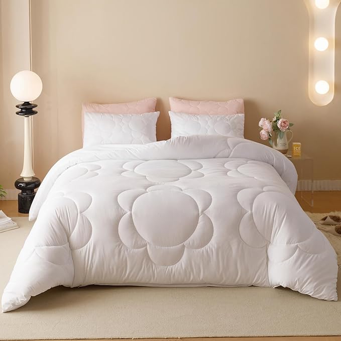 White Flower Comforter King White Sunflower Print Bed King Comforter Set 3 Pieces White Floral Comforter Set for Women Girls Bedroom Decor All Season Hotel Quality Comforter Set - LeafyLoom