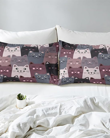 Cartoon Cat Bedding Set - 3Pcs Cute Cat Comforter Set for Bedroom Kids Boys Girls Cat Bedding Decor for All-Season Kawaii Kitten Pattern Lovely Animal 1 Cat Comforter with 2 Pillowcases, Queen Size - LeafyLoom