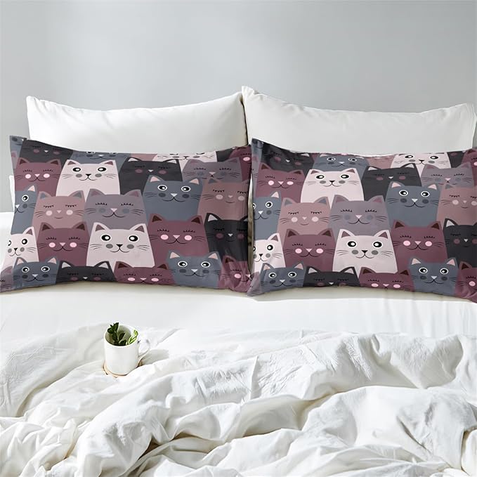 Cartoon Cat Bedding Set - 3Pcs Cute Cat Comforter Set for Bedroom Kids Boys Girls Cat Bedding Decor for All-Season Kawaii Kitten Pattern Lovely Animal 1 Cat Comforter with 2 Pillowcases, Queen Size - LeafyLoom