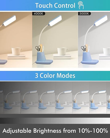 Sailstar Small Desk Lamp, Kids Desk Lamp with Pen Holder, Wireless Charger LED Desk Lamps for Home Office, 800LM Gooseneck 3 Modes Dimmable Touch Cute Desk Lamp, Blue Study Lamp for College Dorm Room - LeafyLoom
