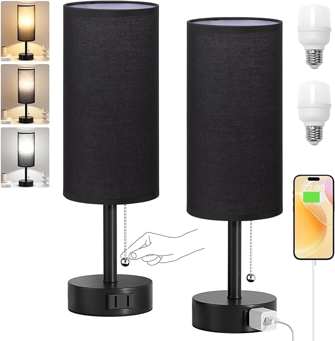 Black Bedside Table Lamps Set of 2-3 Color Temperatures Pull Chain Lamp with AC Outlet Charging Port, Two Round Night Stand Lamps for Bedroom Office, Small Bed Side Light with E26 LED Bulbs - LeafyLoom
