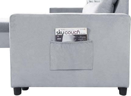 Velvet Reversible Sleeper Sectional Sofa with Storage Chaise and Side Pocket, Pull Out Couch Bed for Living Room, Apartment, Compact Space, Light Gray, 81.5 - LeafyLoom