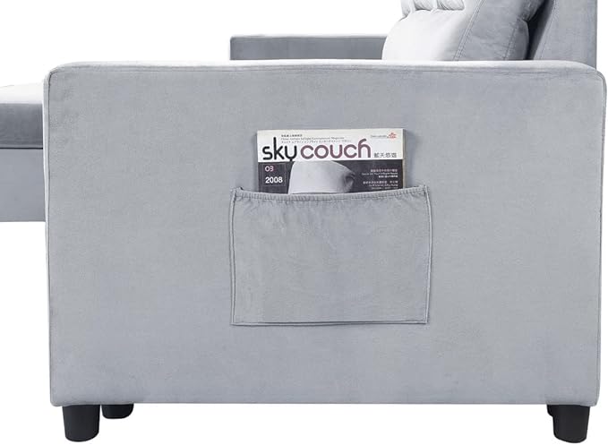 Velvet Reversible Sleeper Sectional Sofa with Storage Chaise and Side Pocket, Pull Out Couch Bed for Living Room, Apartment, Compact Space, Light Gray, 81.5 - LeafyLoom