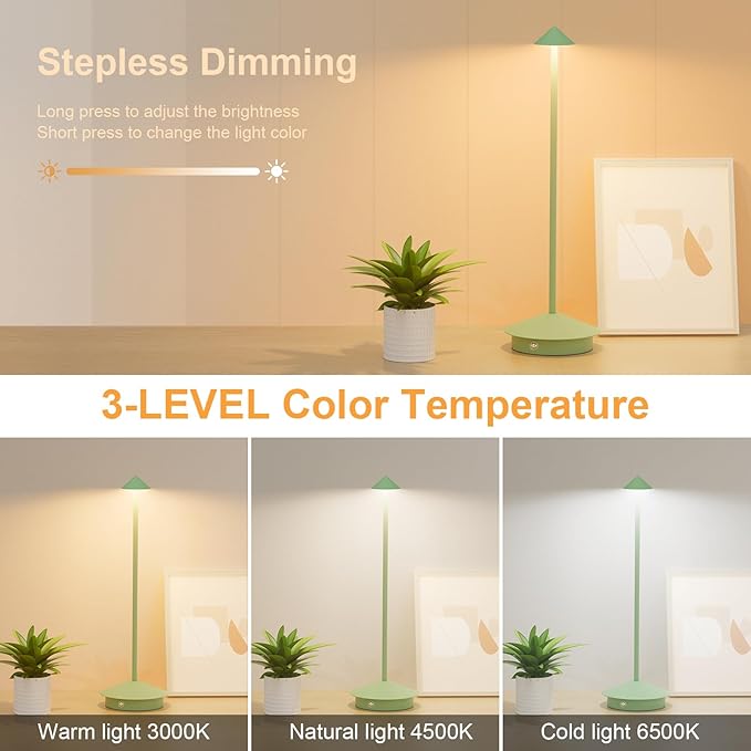 2-Pack 6000mAh Rechargeable LED Table Lamps,Outdoor Cordless Table Lamp Waterproof Portable, 3-Color Stepless Dimmable Modern Lamp for Restaurant/Bedroom(Green) - LeafyLoom