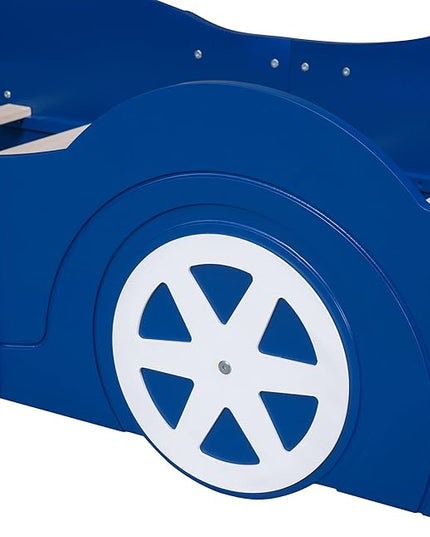 Car Shaped Toddler Bed with Wheels,Racecar Platform Beds W/Safety Guardrail,Slats Support,Stylish Design,Easy Assembly,Wood Twin Bedframe for Boys Toddlers Kids Teens Bedroom,Blue - LeafyLoom