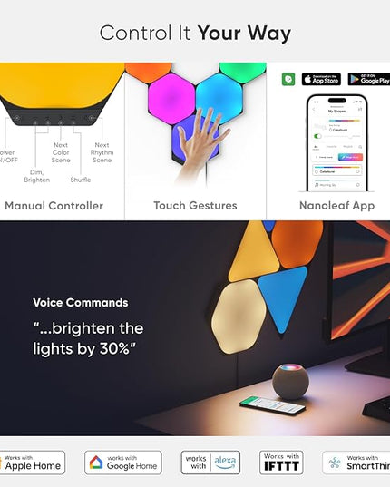 Nanoleaf Shapes WiFi and Thread Smart RGBW 16M+ Color LED Dimmable Gaming and Home Decor Wall Lights Smarter Kits (Black Hexagons Smarter Kit (9 Pack)) NANOLEAF