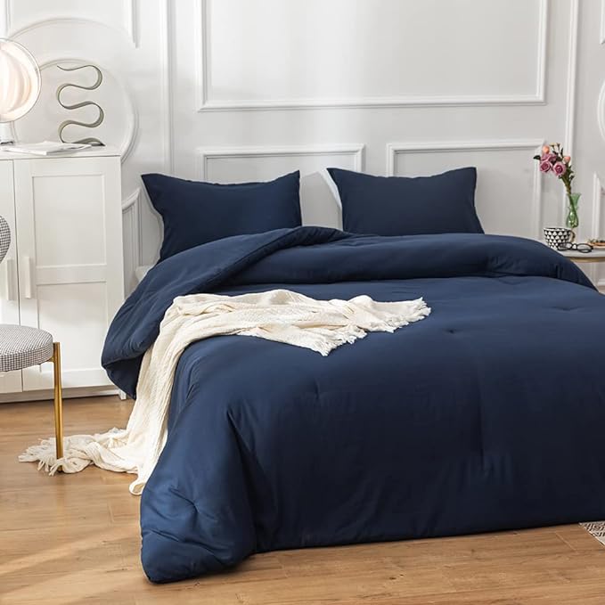 Navy Comforter Full Size Navy Blue Bedding Set Dark Navy Blue Comforter Set 3 Pieces 1 Comforter with 2 Pillowcases - LeafyLoom