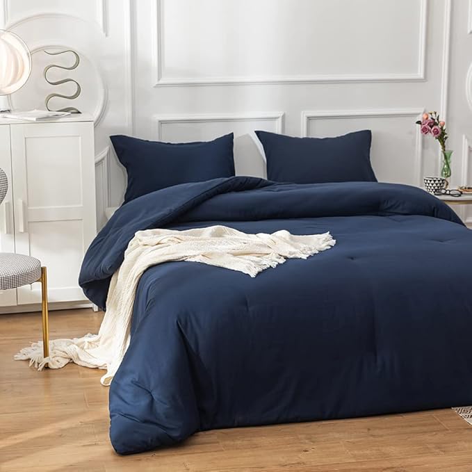 Solid Navy Comforter Set Twin Navy Blue Bedding Set Soft Pure Navy Blue Bedding Quilt Set Kids Teens Adult Navy Blue Blanket Women Breathable Durable Bed Comforter Set Dark Navy Bedding Set - LeafyLoom