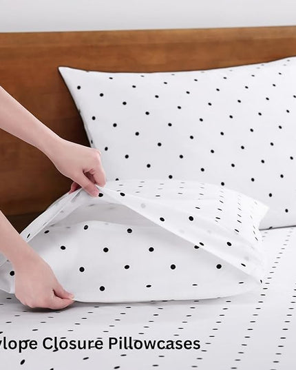 LANE LINEN king Size Bed Sheets - 4 Piece 100% Organic Cotton KingSsheets, Soft Percale Sheets, Breathable King Bedding Set, Hotel Luxury Bed Sheets Set, 15" King Sheets Deep Pocket - Polka Dot Black - LeafyLoom