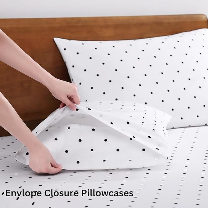 LANE LINEN king Size Bed Sheets - 4 Piece 100% Organic Cotton KingSsheets, Soft Percale Sheets, Breathable King Bedding Set, Hotel Luxury Bed Sheets Set, 15" King Sheets Deep Pocket - Polka Dot Black - LeafyLoom
