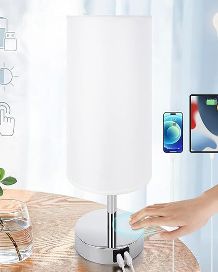 Yarra-Decor Bedside Lamp with USB Port - Touch Control Table Lamp for Bedroom 3 Way Dimmable Nightstand Lamp with Round White Fabric Shade for Living Room, Dorm, Home Office (LED Bulb Included) - LeafyLoom