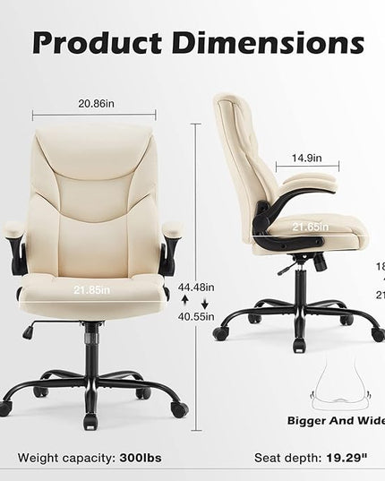 Office Chair - Ergonomic Executive Computer Desk Chairs with Adjustable Flip-up Armrest, Swivel Task Chair with Lumbar Support, Strong Metal Base, PU Leather, White - LeafyLoom