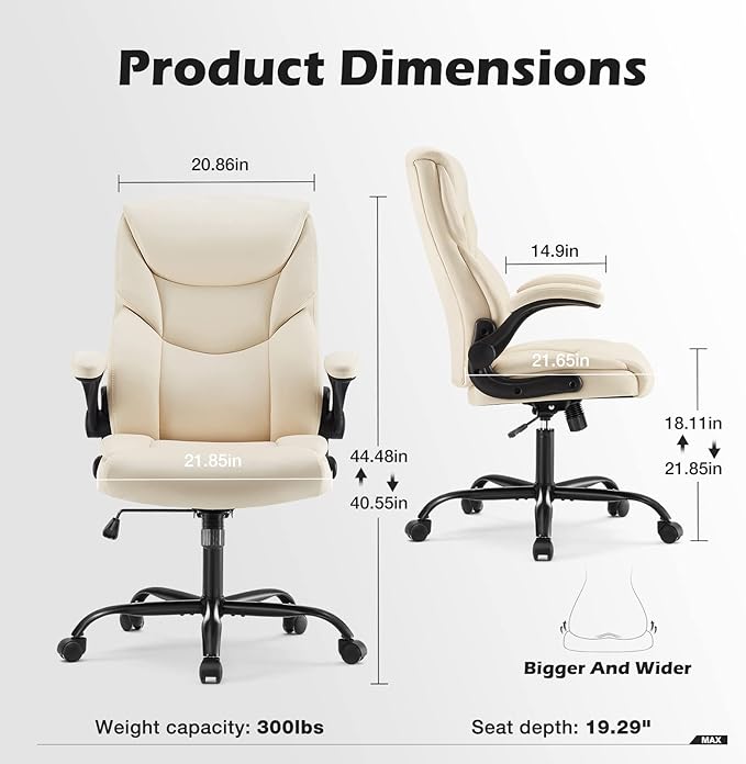 JHK Leather Office Chair with Flip Up Arms, Executive High Back Big and Tall Desk Chairs with Ergonomic Lumbar Support, Adjustable Height,Wheels, Soft Padded, Cream - LeafyLoom