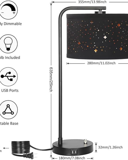 Bedside Table Lamp, Fully Dimmable Table Lamp with 2 USB Ports, Modern Nightstand Lamps with Stars Shade, USB Side Table Lamp, Tall Desk Reading Lamps for Living Room Bedroom 3000k LED Bulb Included - LeafyLoom
