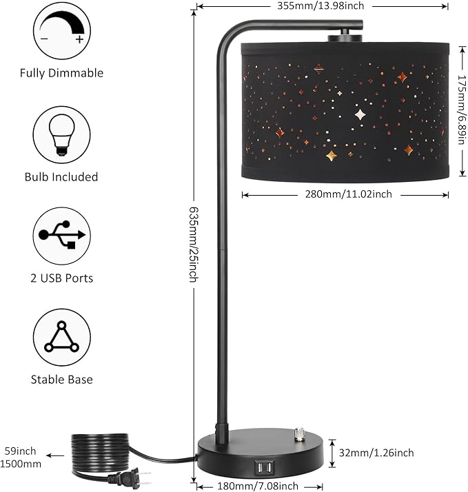 Bedside Table Lamp, Fully Dimmable Table Lamp with 2 USB Ports, Modern Nightstand Lamps with Stars Shade, USB Side Table Lamp, Tall Desk Reading Lamps for Living Room Bedroom 3000k LED Bulb Included - LeafyLoom