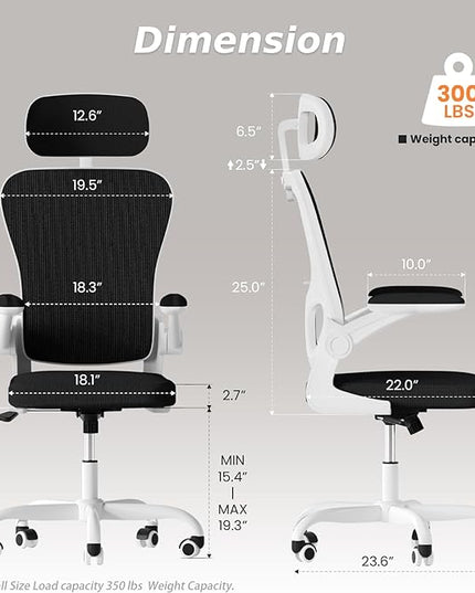 Ergonomic Office Chair, High Back Home Desk Chair with Adjustable Lumbar Support and Headrest, Breathable Mesh Swivel Task Chair, White Executive Computer Chair, 1 Pack - LeafyLoom