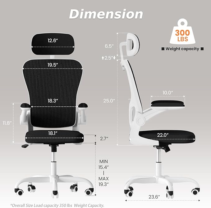 Ergonomic Office Chair, High Back Home Desk Chair with Adjustable Lumbar Support and Headrest, Breathable Mesh Swivel Task Chair, White Executive Computer Chair, 1 Pack - LeafyLoom