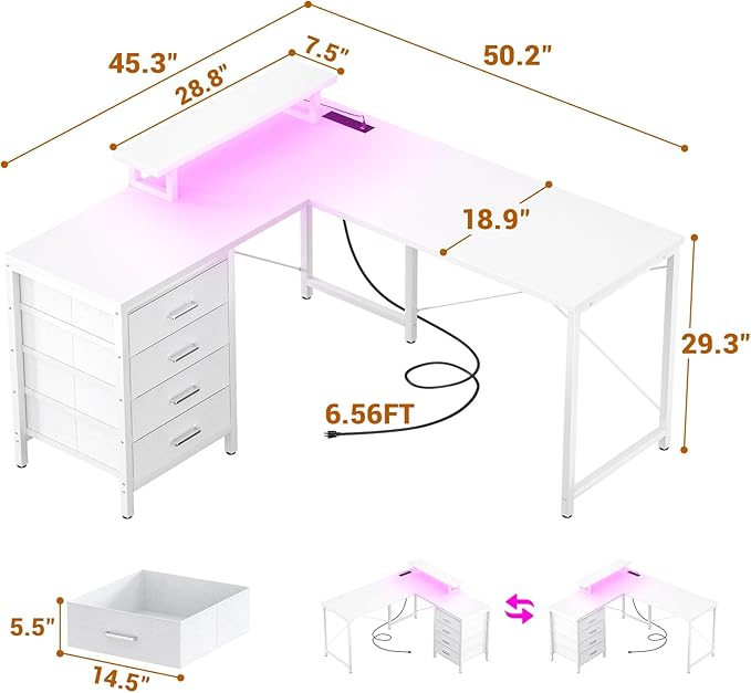 Homieasy L Shaped Desk with Drawers & Power Outlets, Reversible Computer Desk with LED Light and Monitor Stand, 50 Inch Home Office Gaming Work Study Desk with 4 Storage Drawers, White - LeafyLoom