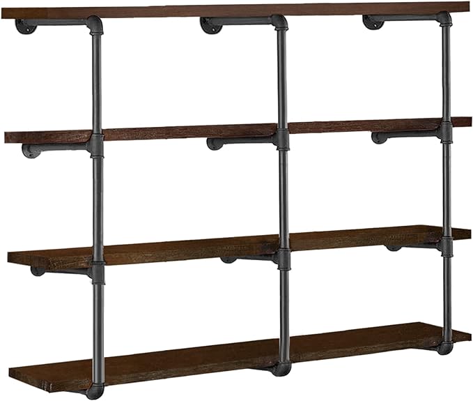 HITOMEN Industrial Iron Pipe Shelves, 3 Set 4-Tier, 42" Tall, 12" Depth, DIY Open Bookshelf Bookcase, Wall Mounted Vintage Retro Shelving, Rustic Farmhouse Pantry Kitchen Storage, Black Shelf Brackets - LeafyLoom