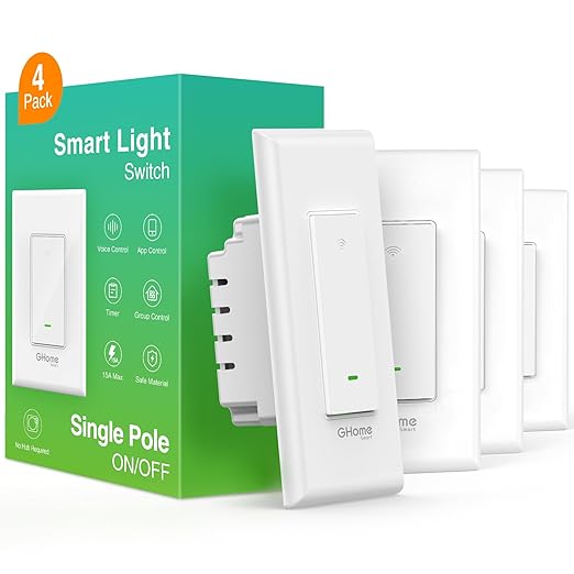 GHome Smart Switch,Smart Wi-Fi Light Switch Compatible with Alexa and Google Assistant 2.4Ghz, Single-Pole,Neutral Wire Required,UL Certified,Remote/Voice Control, No Hub Required (4 Pack) GhomeSmart