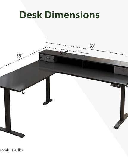 L shaped Electric Standing Desk with 2 Drawers, 63 Inch Ergonomic Adjustable Height Desk with Storage, Corner Desk Sit Stand up Computer Table for Work Office Home, Black - LeafyLoom