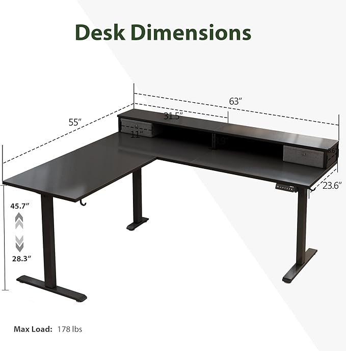 L shaped Electric Standing Desk with 2 Drawers, 63 Inch Ergonomic Adjustable Height Desk with Storage, Corner Desk Sit Stand up Computer Table for Work Office Home, Black - LeafyLoom