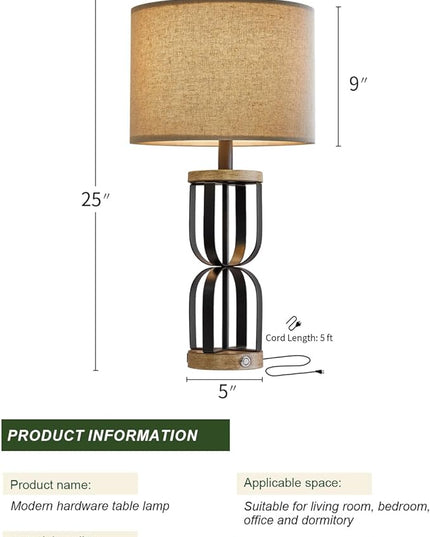25" Industrial Dual USB Charging Ports 3-Way Dimmable Touch Control Table Lamp Nightstand Lamp Vintage Modern Bedside Lamps for Living Room Bedroom Hotel - LeafyLoom