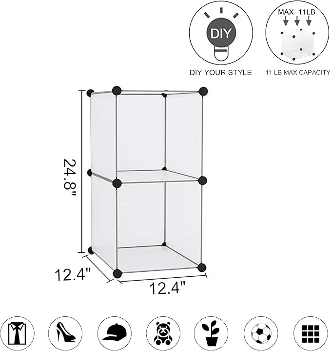 C&AHOME Cube Storage, 2-Cube Organizer Unit, Plastic Closet Storage Shelf, DIY Bookshelf, Modular Bookcase, Cabinet Ideal for Bedroom, Living Room, Office, 12.4" L x 12.4" W x 24.8" H White SBTM3002A - LeafyLoom