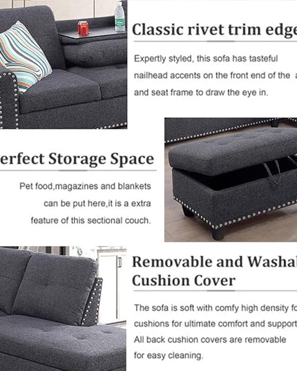 Modern Linen Living Room Furniture Set,L-Shaped Modular Upholstered 6 Seaters Sectional Sofa Couch W/2 Cup Holders & Storage Ottoman for Small Apartment, 1, Dark Gray-c - LeafyLoom