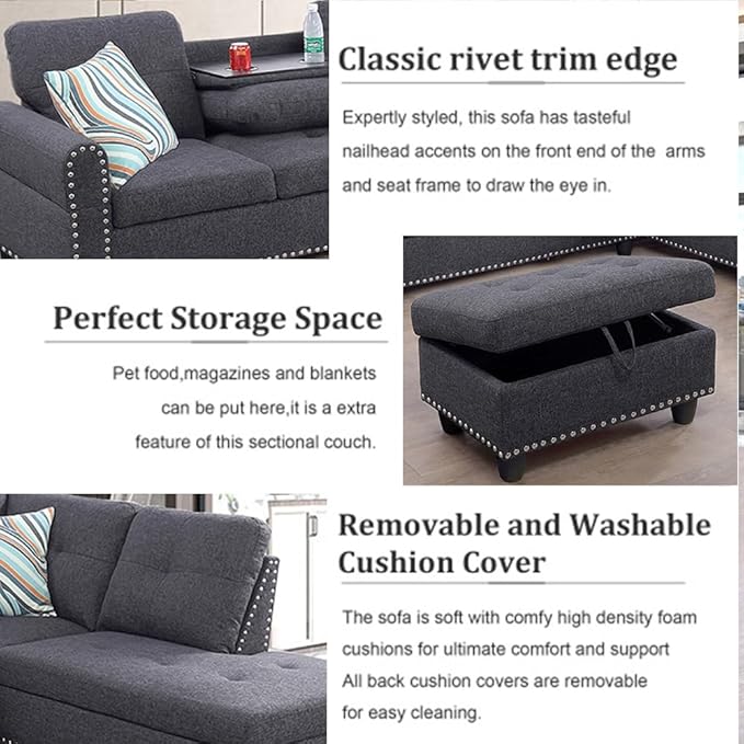 Modern Linen Living Room Furniture Set,L-Shaped Modular Upholstered 6 Seaters Sectional Sofa Couch W/2 Cup Holders & Storage Ottoman for Small Apartment, 1, Dark Gray-c - LeafyLoom