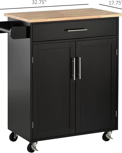 HOMCOM Kitchen Island Cart Rolling Trolley Cart with Drawer, Storage Cabinet & Towel Rack, Black - LeafyLoom