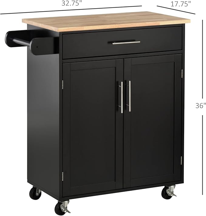 HOMCOM Kitchen Island Cart Rolling Trolley Cart with Drawer, Storage Cabinet & Towel Rack, Black - LeafyLoom