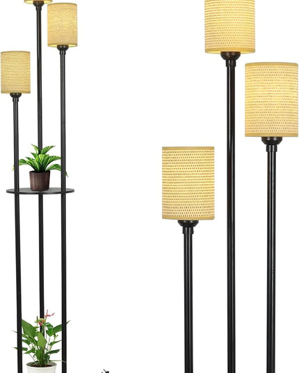 Boho Floor Lamp with Shelves, Black Floor Lamp with Hand-woven Shade, 3-Lights Corner Display Standing Lamp, Farmhouse Rustic Floor Lamps For Living Room, Bedroom, Office, Metal Tall Lamp for Reading - LeafyLoom
