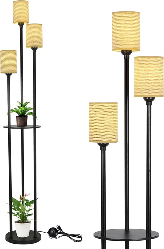Boho Floor Lamp with Shelves, Black Floor Lamp with Hand-woven Shade, 3-Lights Corner Display Standing Lamp, Farmhouse Rustic Floor Lamps For Living Room, Bedroom, Office, Metal Tall Lamp for Reading - LeafyLoom