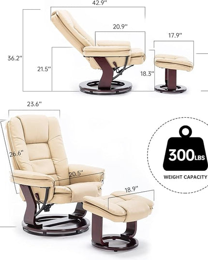 JC Home Swivel Ottoman Bonded Leather Recliner Chair and Foot Rest for Living Room, Home Theater, Man Cave, Bedroom-Round Mahogany Base-Modern, Contemporary Furniture, offwhite - LeafyLoom
