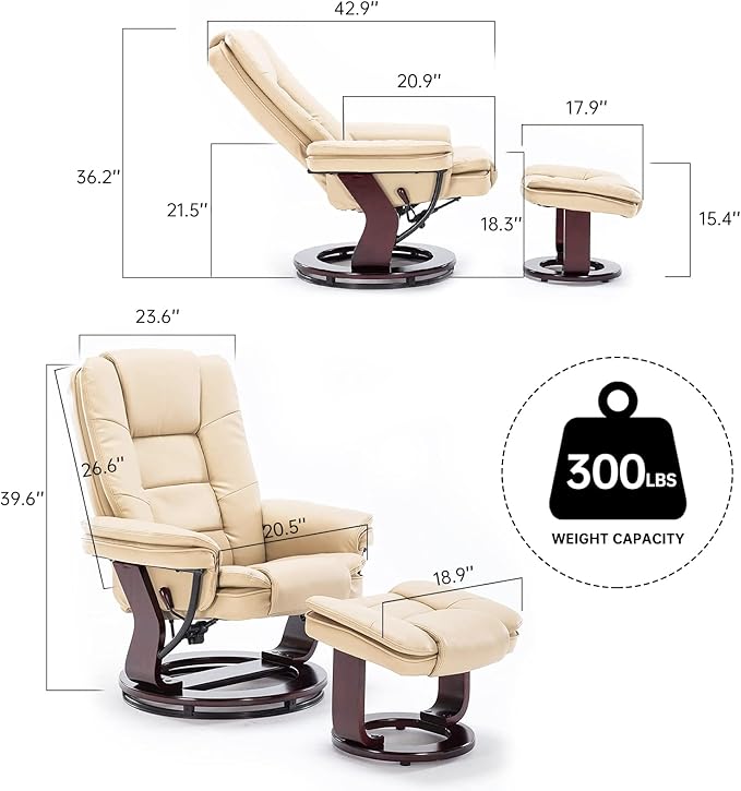 JC Home Swivel Ottoman Bonded Leather Recliner Chair and Foot Rest for Living Room, Home Theater, Man Cave, Bedroom-Round Mahogany Base-Modern, Contemporary Furniture, offwhite - LeafyLoom
