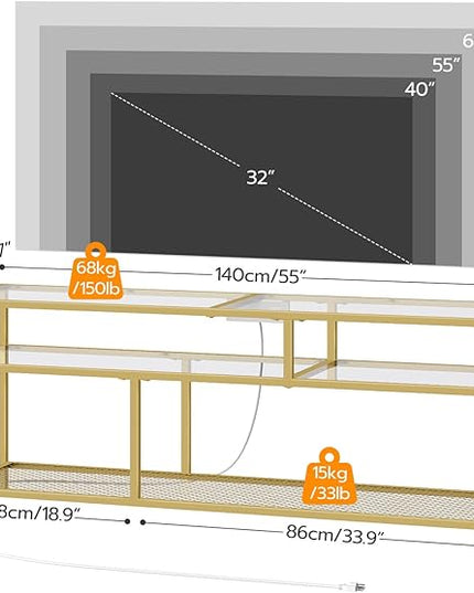 HOOBRO Gold TV Stand, Rectangular LED TV Stand with Power Outlets to 65'', Modern Glass Entertainment Center with Open Shelves, Media TV Console Table for Living Room, Bedroom, Gold GD49UDDS01 - LeafyLoom