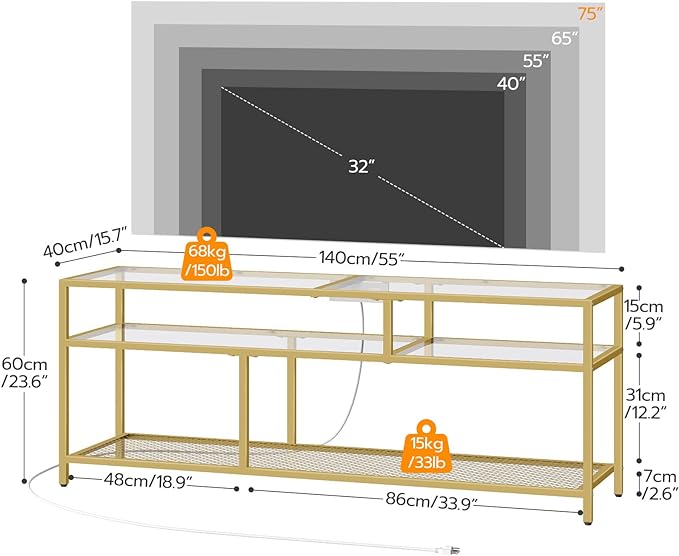 HOOBRO Gold TV Stand, Rectangular LED TV Stand with Power Outlets to 65'', Modern Glass Entertainment Center with Open Shelves, Media TV Console Table for Living Room, Bedroom, Gold GD49UDDS01 - LeafyLoom