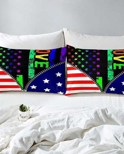 Erosebridal American Flag Comforter Set Rainbow Pride Bedding Set Queen Size for Kids Boys Teens Bedroom,USA Federations Stars Stripes Down Comforter Unique Zipper Design Quilted Duvet, Colorful - LeafyLoom