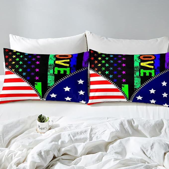 Erosebridal American Flag Comforter Set Rainbow Pride Bedding Set Queen Size for Kids Boys Teens Bedroom,USA Federations Stars Stripes Down Comforter Unique Zipper Design Quilted Duvet, Colorful - LeafyLoom