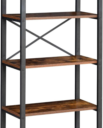5 Tier Bookshelf Rustic Industrial Style, Storage Shelves, Metal Book Shelves Bookcase Book Shelf Display Shelf for Home Office, Living Room, Bedroom, Kitchen (23.6" W, Brown) - LeafyLoom