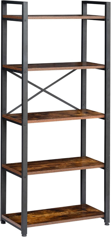 5 Tier Bookshelf Rustic Industrial Style, Storage Shelves, Metal Book Shelves Bookcase Book Shelf Display Shelf for Home Office, Living Room, Bedroom, Kitchen (23.6" W, Brown) - LeafyLoom