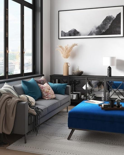 SIMPLIHOME Owen 36 Inch Wide Mid Century Modern Square Coffee Table Lift Top Storage Ottoman in Upholstered Blue Velvet, For the Living Room - LeafyLoom