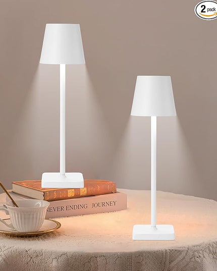 2 Pack Rechargeable Table Lamp, LED Cordless Desk Lamp, 5200mAh Battery Operated Table Light, 3 Color Stepless Dimming Up Waterproof for Coffee Table/Indoor/Outdoor (White 2Pack) - LeafyLoom