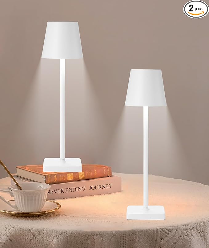 2 Pack Rechargeable Table Lamp, LED Cordless Desk Lamp, 5200mAh Battery Operated Table Light, 3 Color Stepless Dimming Up Waterproof for Coffee Table/Indoor/Outdoor (White 2Pack) - LeafyLoom