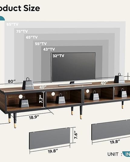 Bestier Mid Century Modern TV Stand for 85 inch tv, Entertainment Center with Storage and Sliding Doors, 2 in 1 Long TV Cabinet for Living Room, Ancona Walnut - LeafyLoom