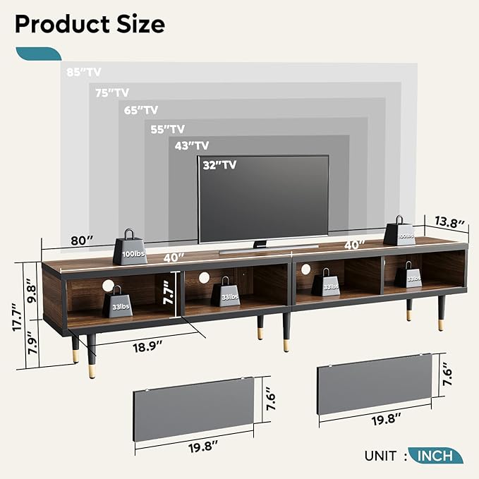 Bestier Mid Century Modern TV Stand for 85 inch tv, Entertainment Center with Storage and Sliding Doors, 2 in 1 Long TV Cabinet for Living Room, Ancona Walnut - LeafyLoom